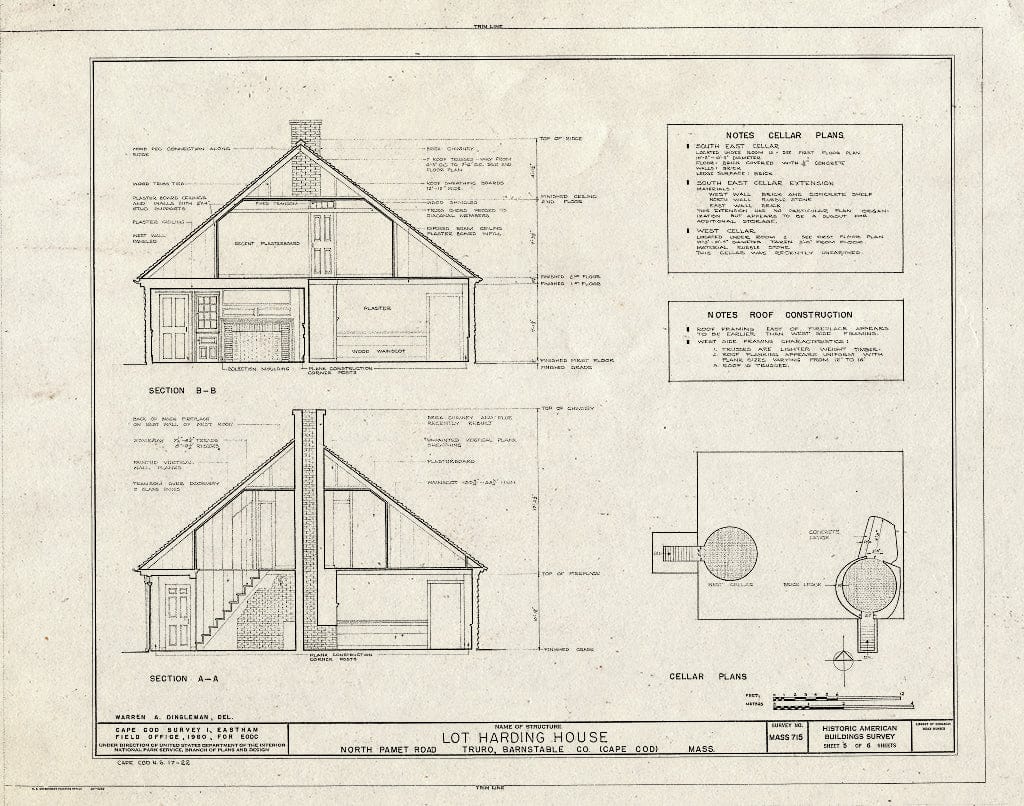 Blueprint 5. House Sections and Cellar Plans - Lot Harding House, North Pamet Road, Truro, Barnstable County, MA