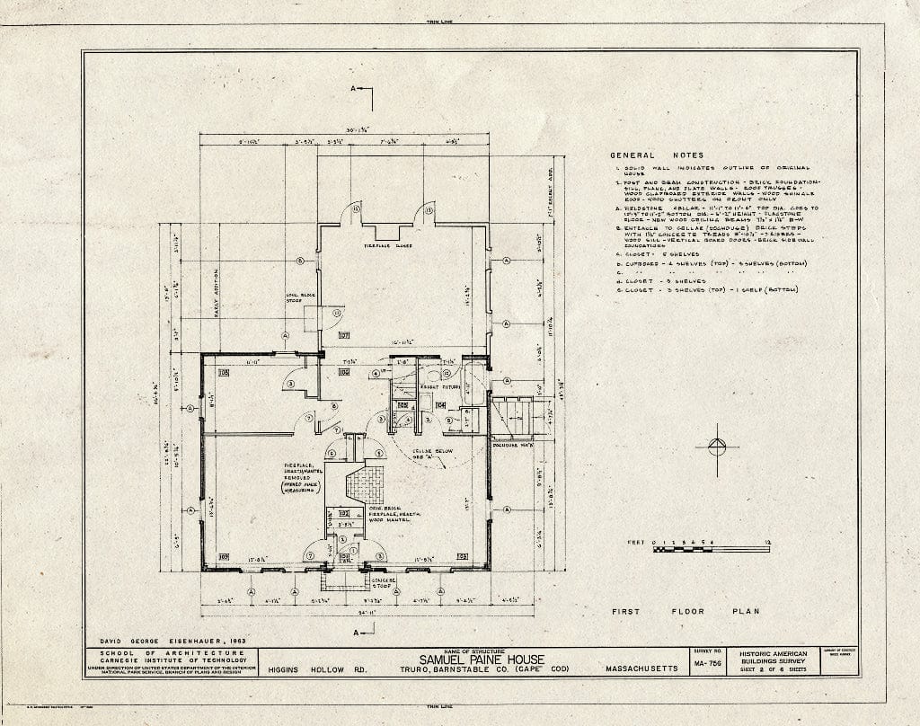 Blueprint 2. First Floor Plan - Samuel Paine House, Longnook & Higgins Hollow Roads, Truro, Barnstable County, MA