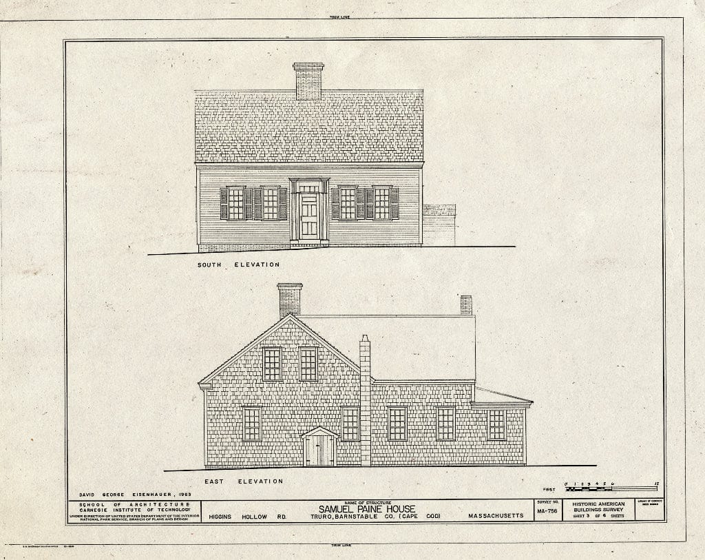 Blueprint 3. South and East elevations - Samuel Paine House, Longnook & Higgins Hollow Roads, Truro, Barnstable County, MA