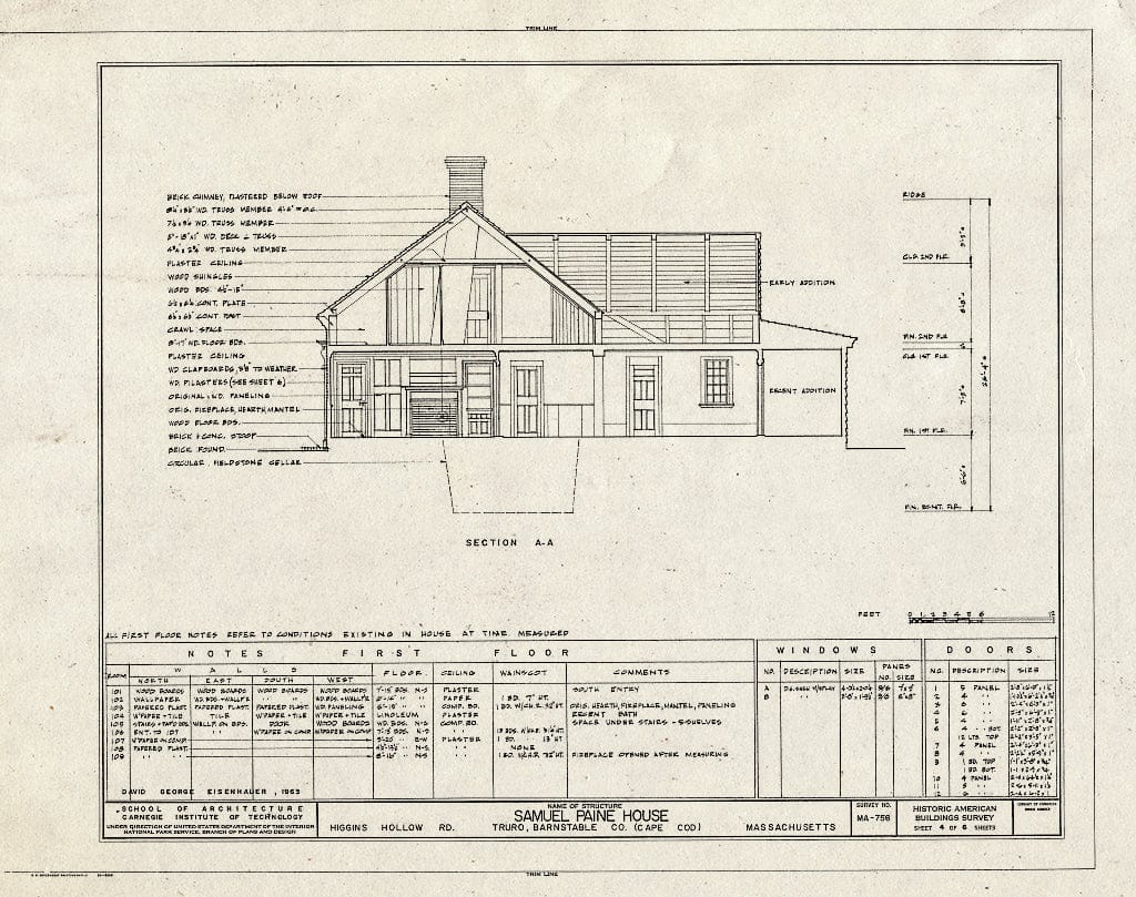 Blueprint 4. Section A-A - Samuel Paine House, Longnook & Higgins Hollow Roads, Truro, Barnstable County, MA