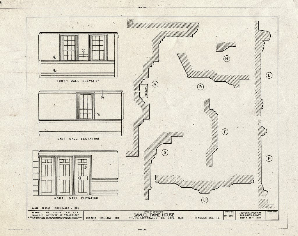 Blueprint 5. Interior Wall elevations and Details - Samuel Paine House, Longnook & Higgins Hollow Roads, Truro, Barnstable County, MA