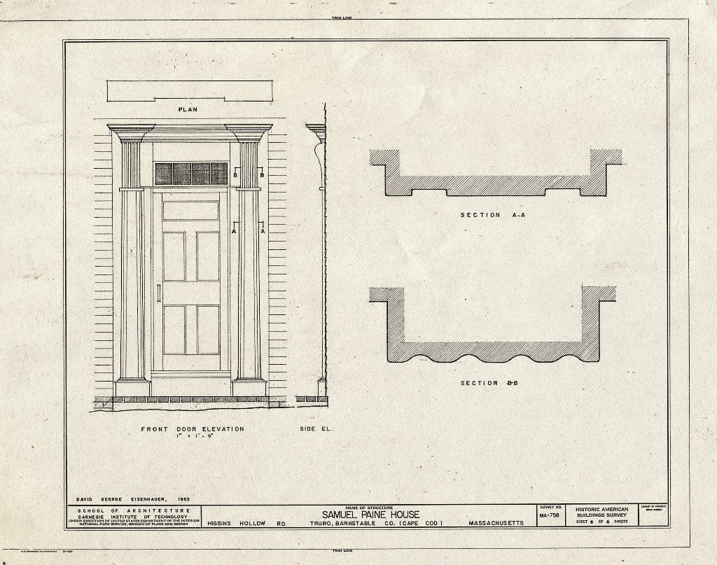 Blueprint 6. Front Door Elevation and Details - Samuel Paine House, Longnook & Higgins Hollow Roads, Truro, Barnstable County, MA