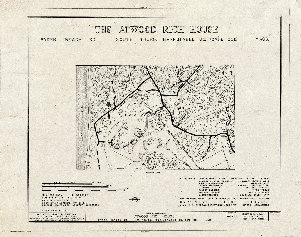 Blueprint 1. Location map and Historical Statement - Atwood Rich House, Ryder Beach Road, Truro, Barnstable County, MA