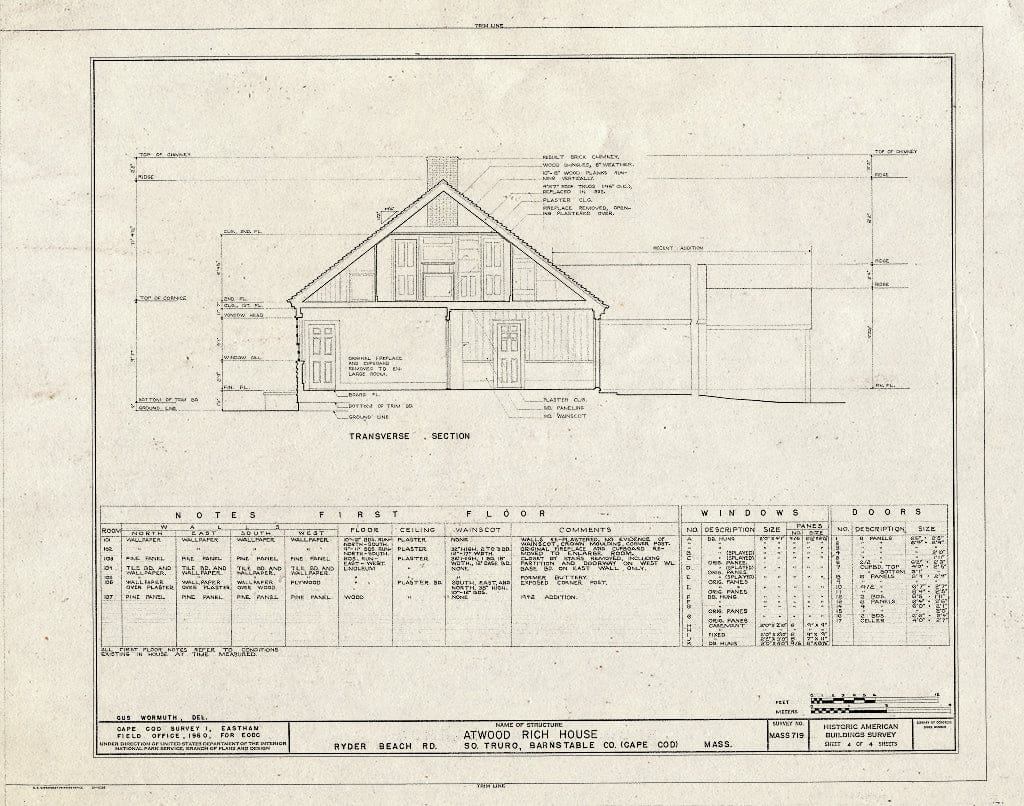 Blueprint 4. Transverse Section - Atwood Rich House, Ryder Beach Road, Truro, Barnstable County, MA