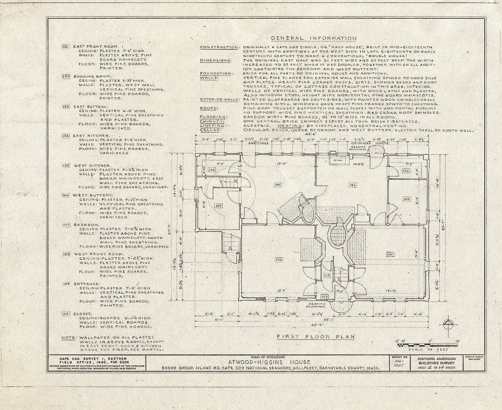 Blueprint 2. First Floor Plan and General Information - Atwood-Higgins House, Bound Brook Island Road, Wellfleet, Barnstable County, MA