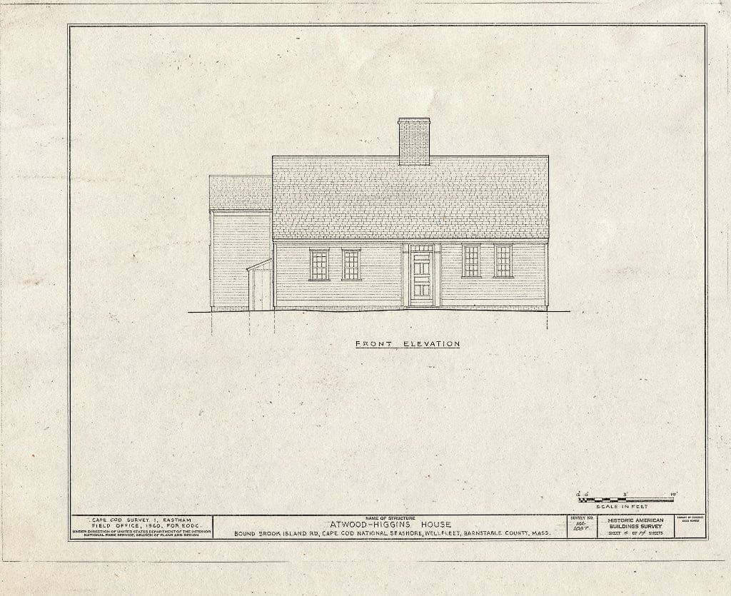 Blueprint 4. Front Elevation - Atwood-Higgins House, Bound Brook Island Road, Wellfleet, Barnstable County, MA