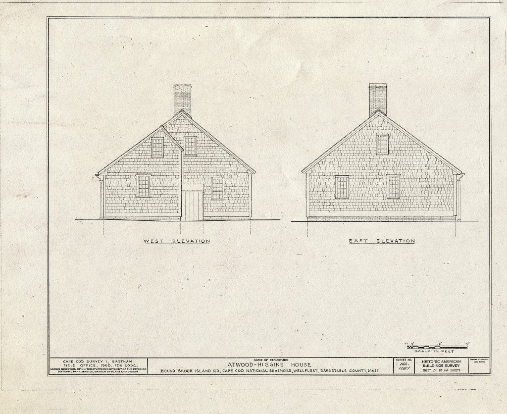 Blueprint 5. West and East elevations - Atwood-Higgins House, Bound Brook Island Road, Wellfleet, Barnstable County, MA