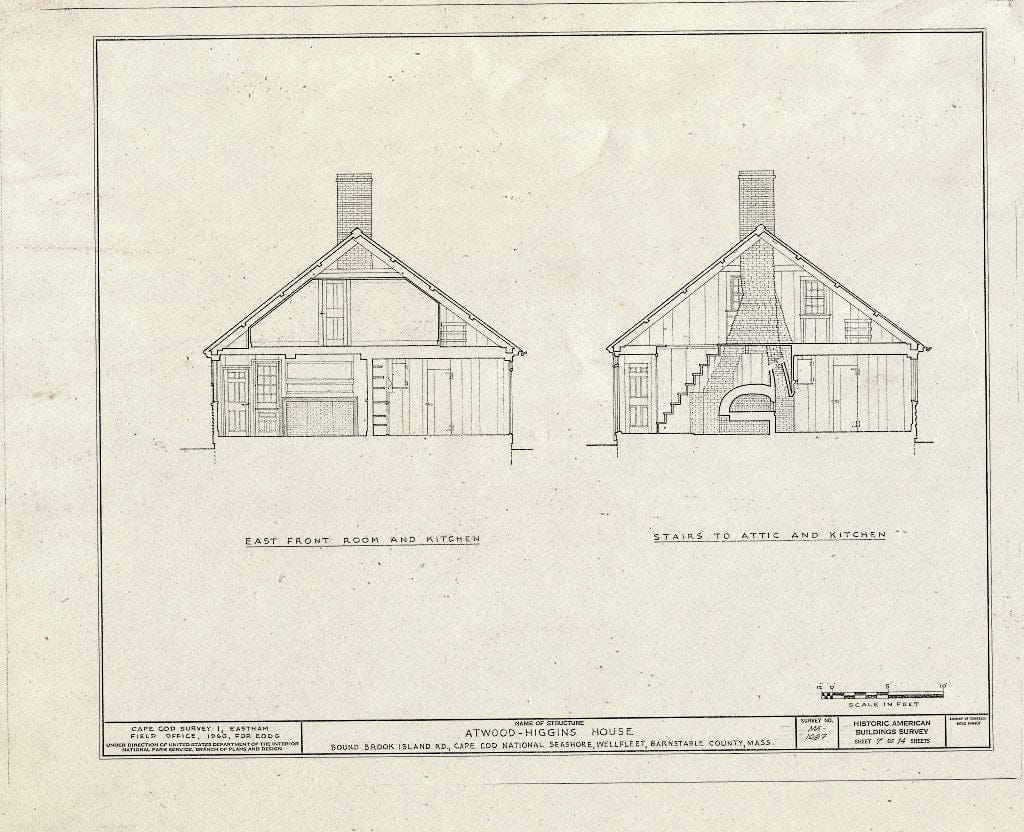 Blueprint 7. Sections (East Front Room and Kitchen; Stairs to attic and Kitchen) - Atwood-Higgins House, Bound Brook Island Road, Wellfleet, Barnstable County, MA