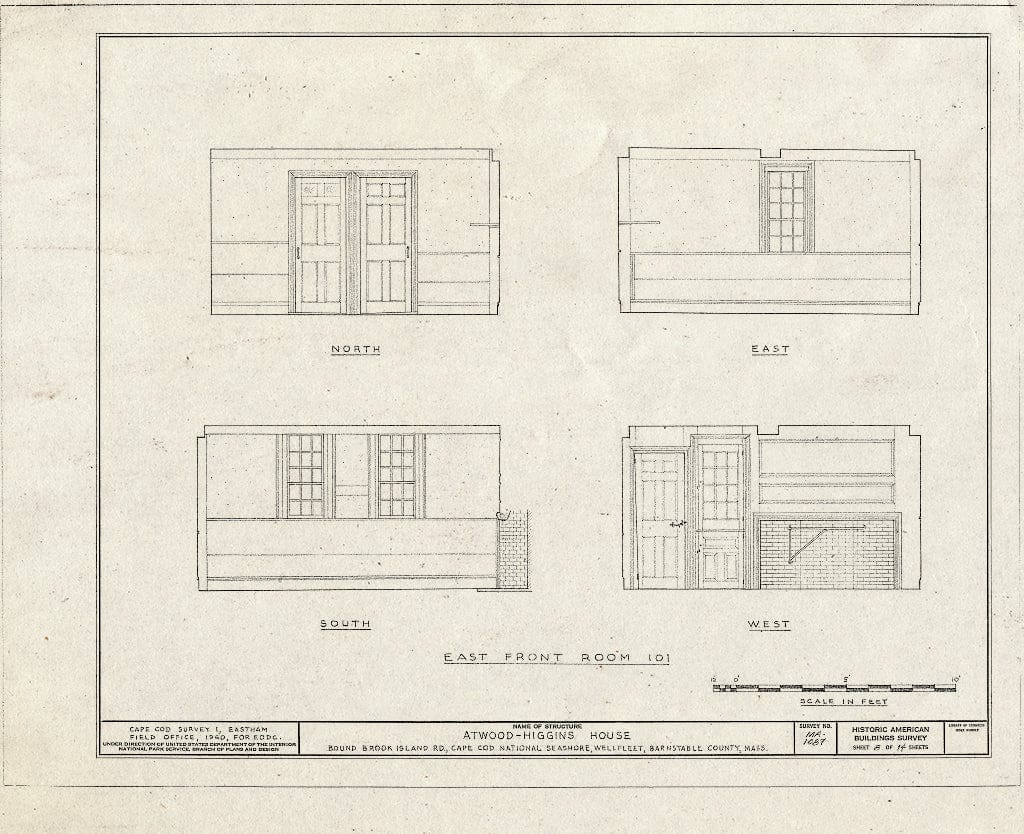 Blueprint 8. East Front Room Wall elevations - Atwood-Higgins House, Bound Brook Island Road, Wellfleet, Barnstable County, MA