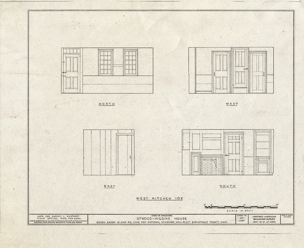 Blueprint 10. West Kitchen Wall elevations - Atwood-Higgins House, Bound Brook Island Road, Wellfleet, Barnstable County, MA