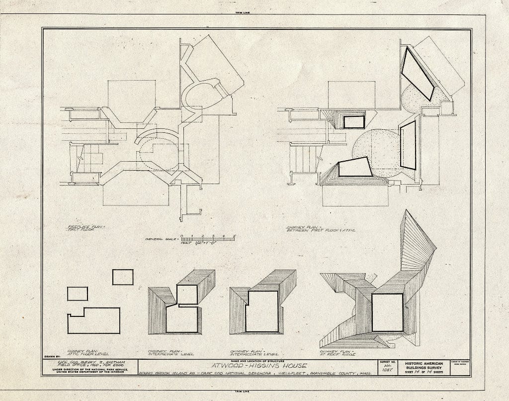 Blueprint 14. Fireplace and Chimney Plans - Atwood-Higgins House, Bound Brook Island Road, Wellfleet, Barnstable County, MA