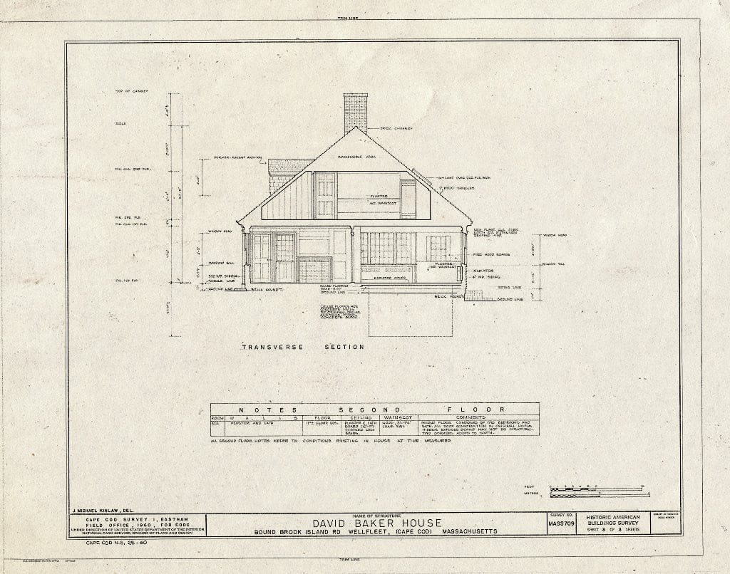 Blueprint 3. Transverse Section - David Baker House, Bound Brook Island Road, Wellfleet, Barnstable County, MA