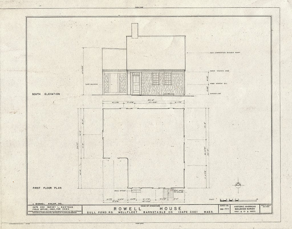 Blueprint 2. South Elevation and First Floor Plan - Rowell House, Gull Pond Road, Wellfleet, Barnstable County, MA