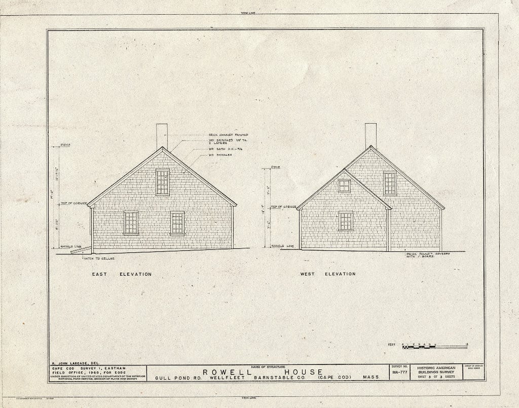 Blueprint 3. East and west elevations - Rowell House, Gull Pond Road, Wellfleet, Barnstable County, MA