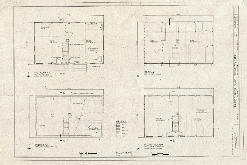 Blueprint 1. Basement Plan, First Floor Plan, attic Plan, Second Floor Plan - Shaker Church Family Brethren's Shop, U.S. Route 20, Hancock, Berkshire County, MA