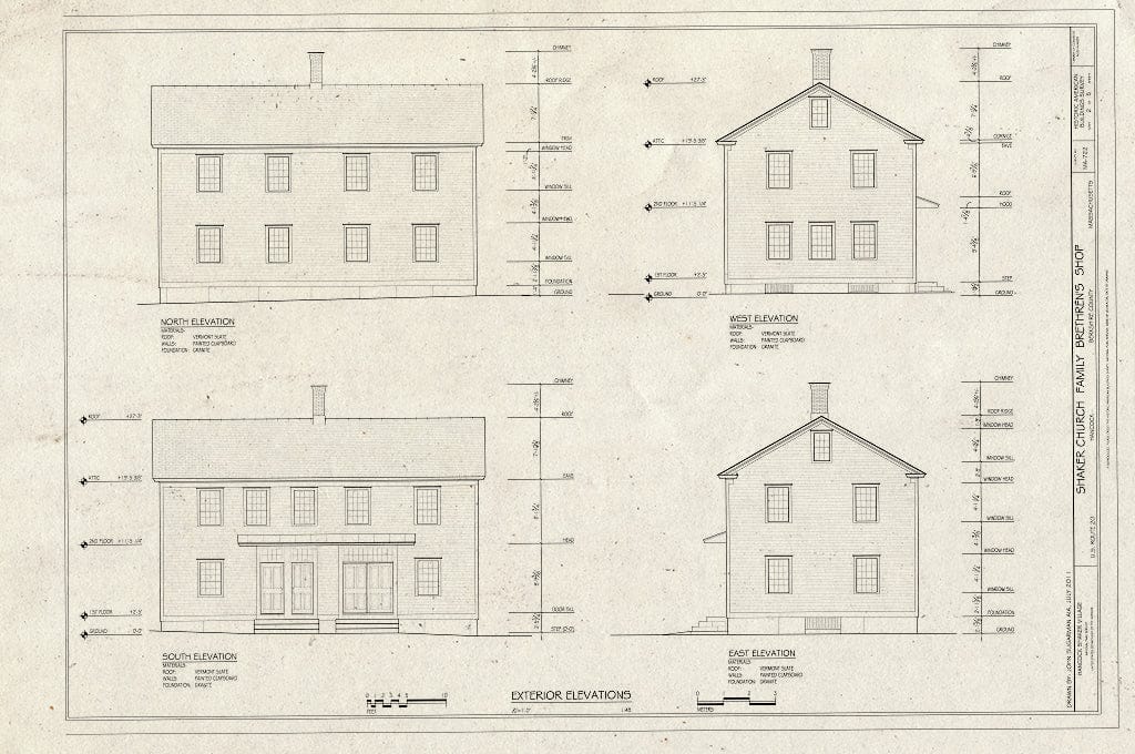 Blueprint 2. South Elevation, North Elevation, west Elevation, East Elevation - Shaker Church Family Brethren's Shop, U.S. Route 20, Hancock, Berkshire County, MA