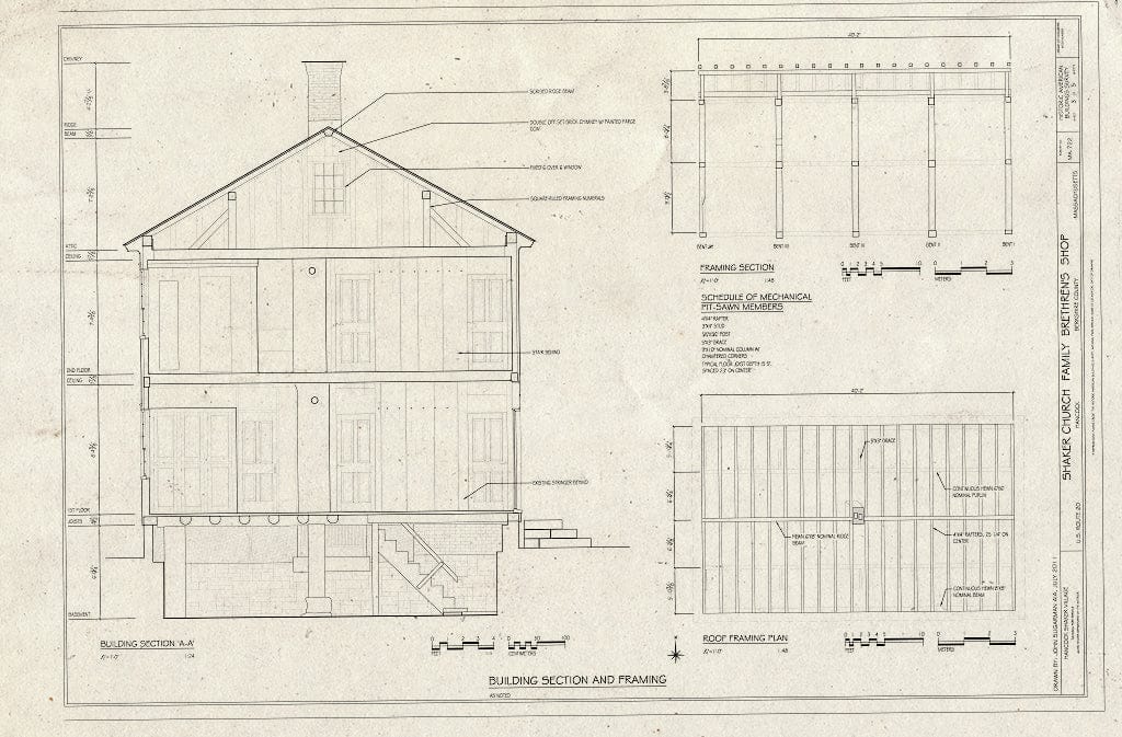 Blueprint 3. Building Section, framing Section, roof framing Plan - Shaker Church Family Brethren's Shop, U.S. Route 20, Hancock, Berkshire County, MA