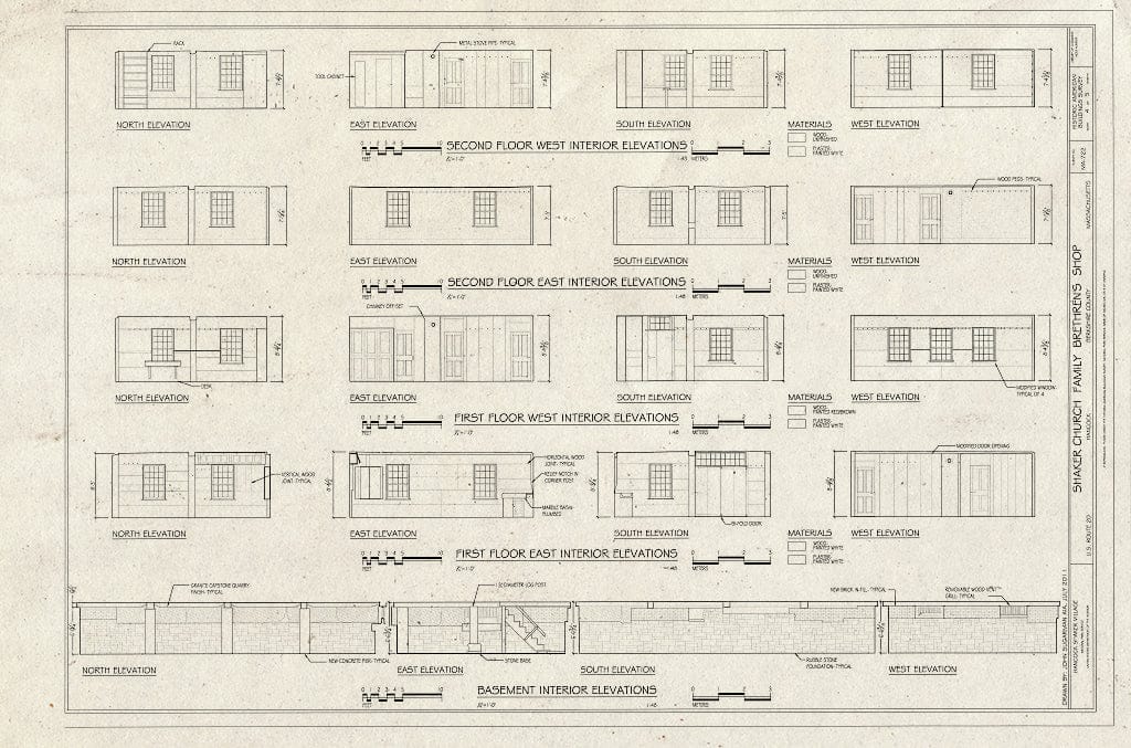 Blueprint 4. Interior elevations - Shaker Church Family Brethren's Shop, U.S. Route 20, Hancock, Berkshire County, MA