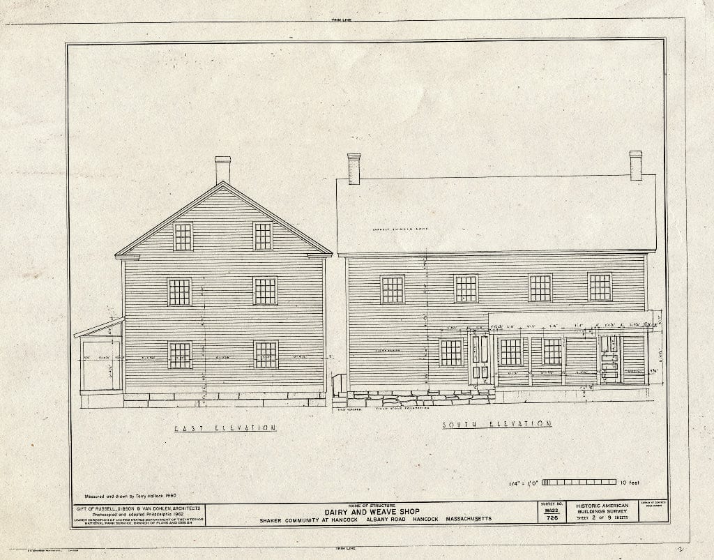 Blueprint 2. East and South elevations - Shaker Church Family Dairy & Weave Shop, U.S. Route 20, Hancock, Berkshire County, MA