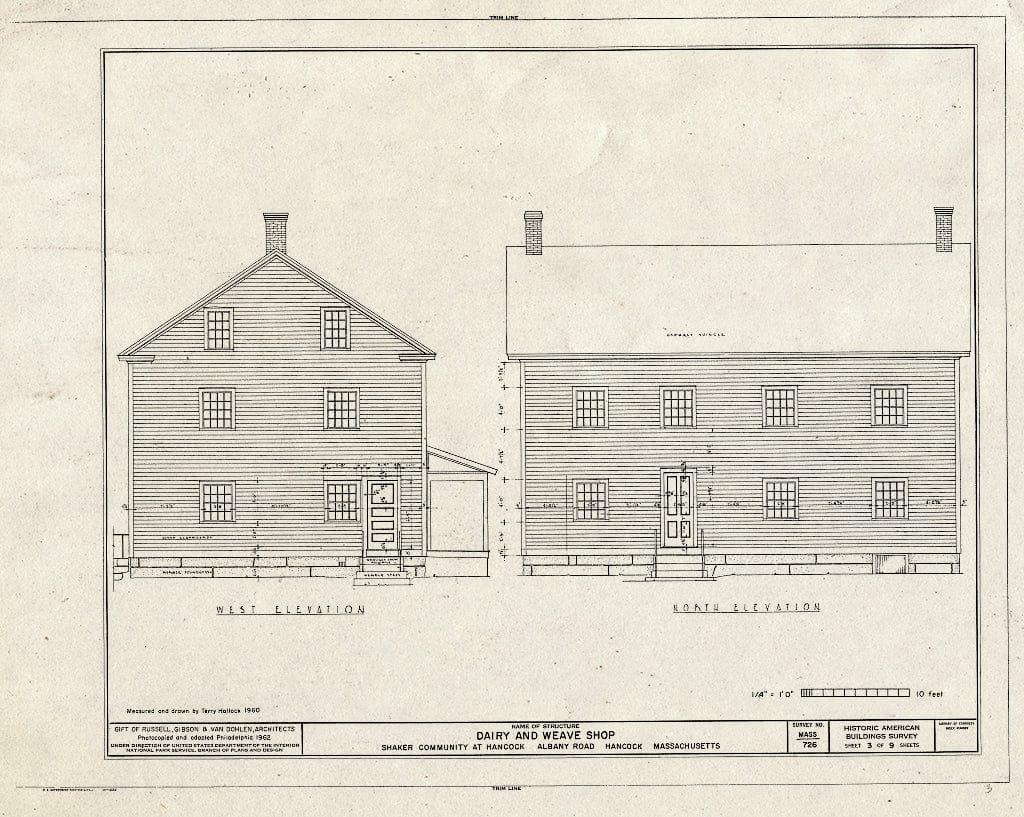 Blueprint 3. West and North elevations - Shaker Church Family Dairy & Weave Shop, U.S. Route 20, Hancock, Berkshire County, MA