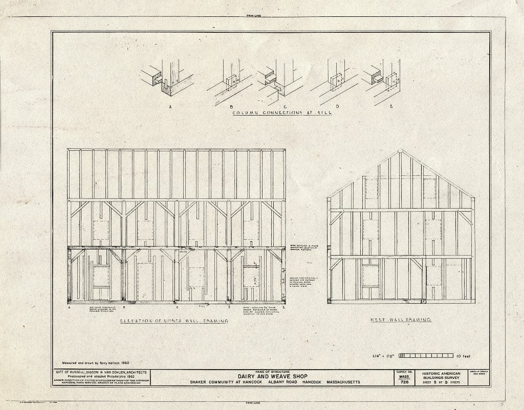 Blueprint 5. North and west Wall framing; Column Connections at sill - Shaker Church Family Dairy & Weave Shop, U.S. Route 20, Hancock, Berkshire County, MA