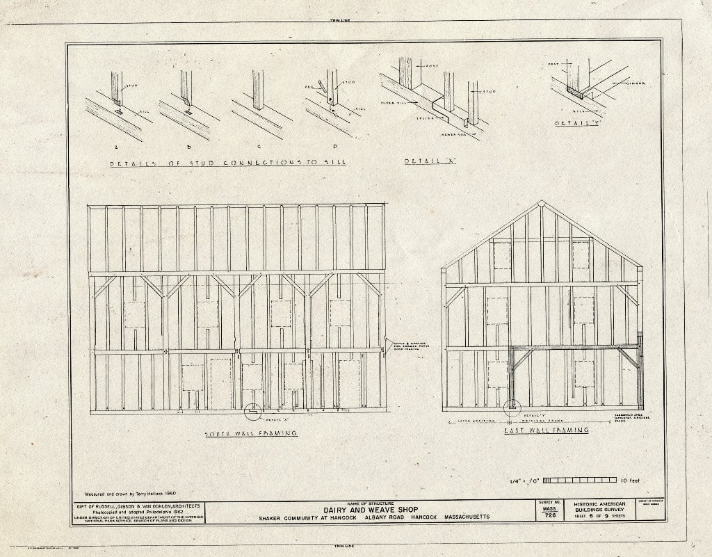 Blueprint 6. South and East Wall framing; Stud Connections to sill - Shaker Church Family Dairy & Weave Shop, U.S. Route 20, Hancock, Berkshire County, MA