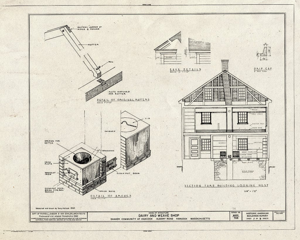 Blueprint 7. Cross-Section; Rafter, eave, and Arches Details - Shaker Church Family Dairy & Weave Shop, U.S. Route 20, Hancock, Berkshire County, MA