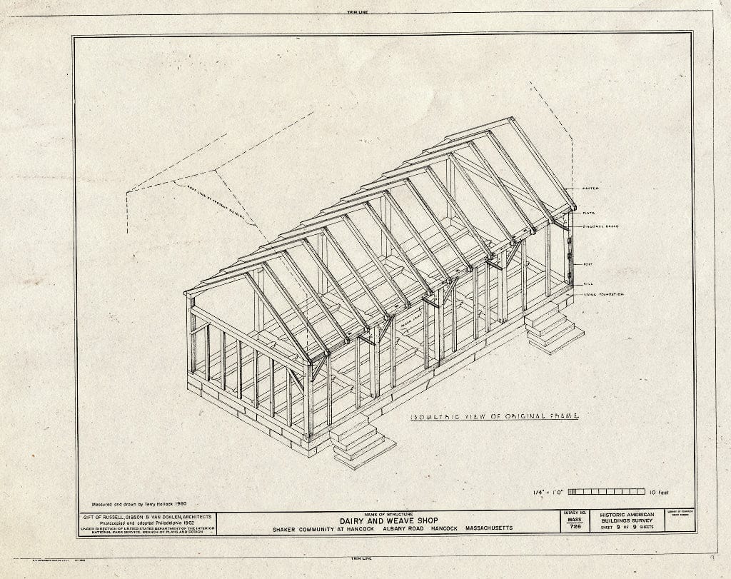 Blueprint 9. Isometric View of Original Frame - Shaker Church Family Dairy & Weave Shop, U.S. Route 20, Hancock, Berkshire County, MA