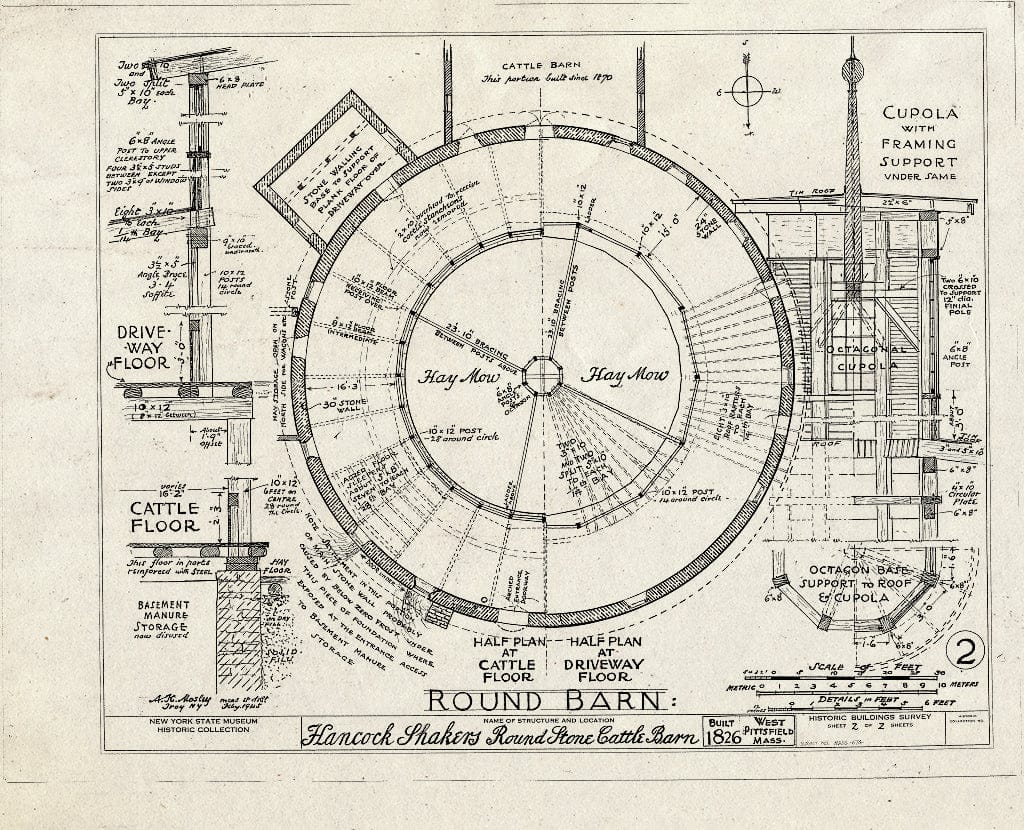 Blueprint 2. Cattle Floor and Driveway Floor Half Plans; Cupola, roof, Details - Shaker Church Family Round Barn, U.S. Route 20, Hancock, Berkshire County, MA