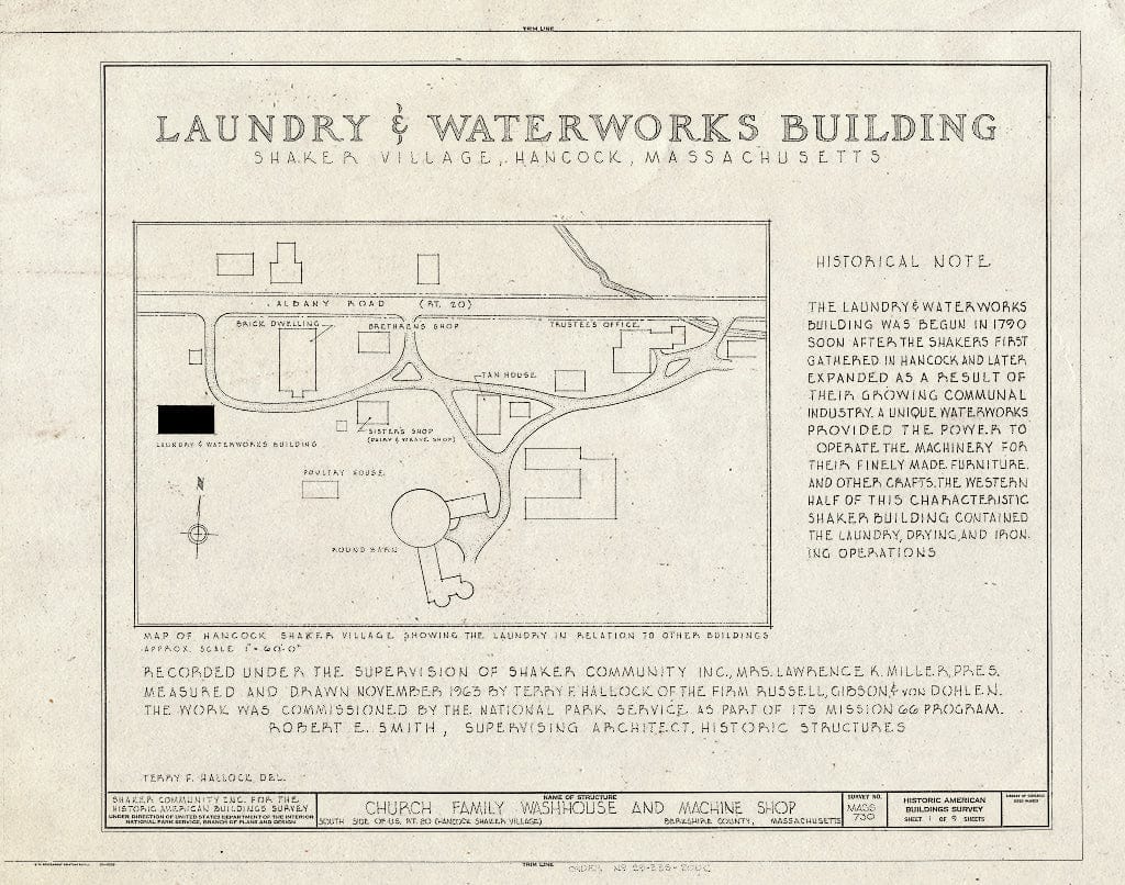 Blueprint 1. Cover Sheet and site Plan - Shaker Church Family Washhouse & Machine Shop, U.S. Route 20, Hancock, Berkshire County, MA