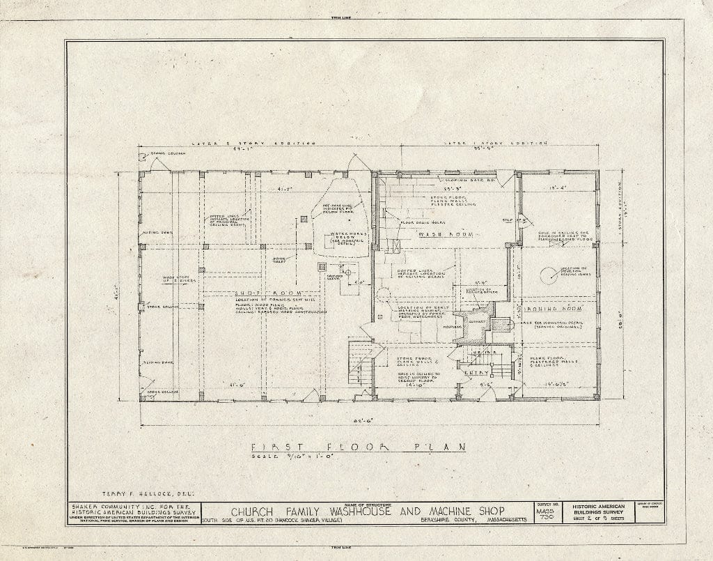 Blueprint 2. First Floor Plan - Shaker Church Family Washhouse & Machine Shop, U.S. Route 20, Hancock, Berkshire County, MA