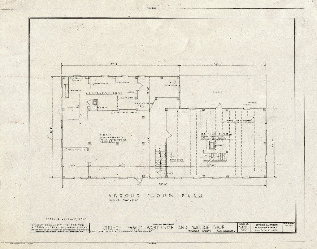 Blueprint 3. Second Floor Plan - Shaker Church Family Washhouse & Machine Shop, U.S. Route 20, Hancock, Berkshire County, MA