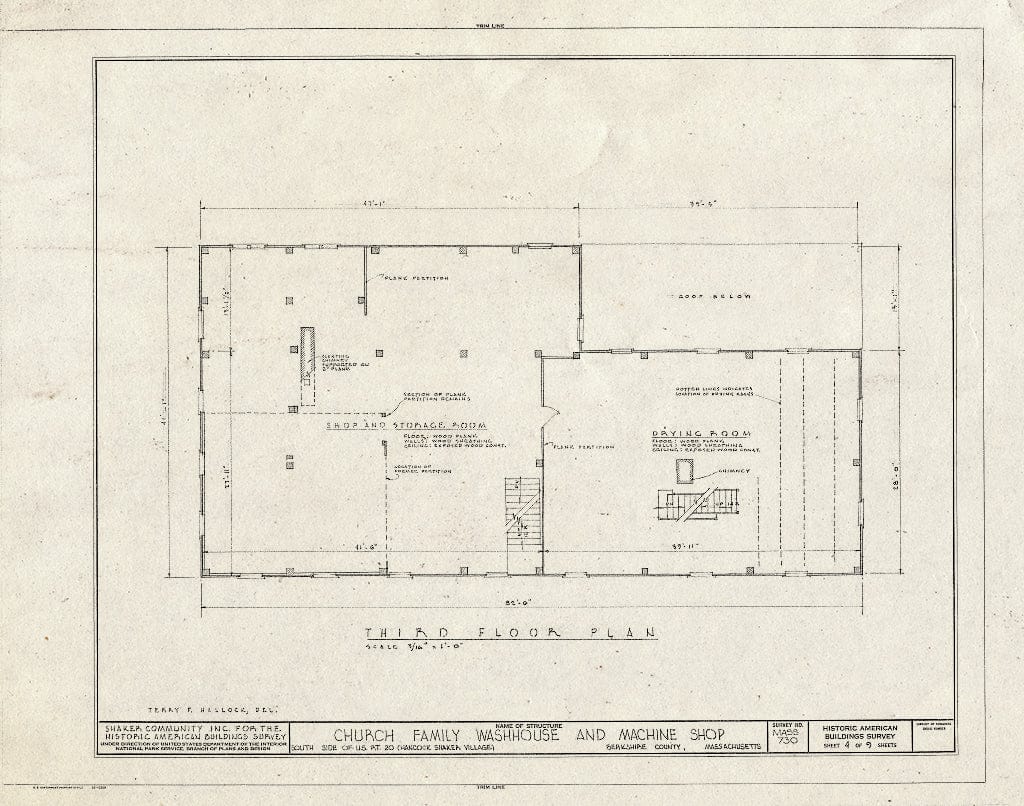 Blueprint 4. Third Floor Plan - Shaker Church Family Washhouse & Machine Shop, U.S. Route 20, Hancock, Berkshire County, MA