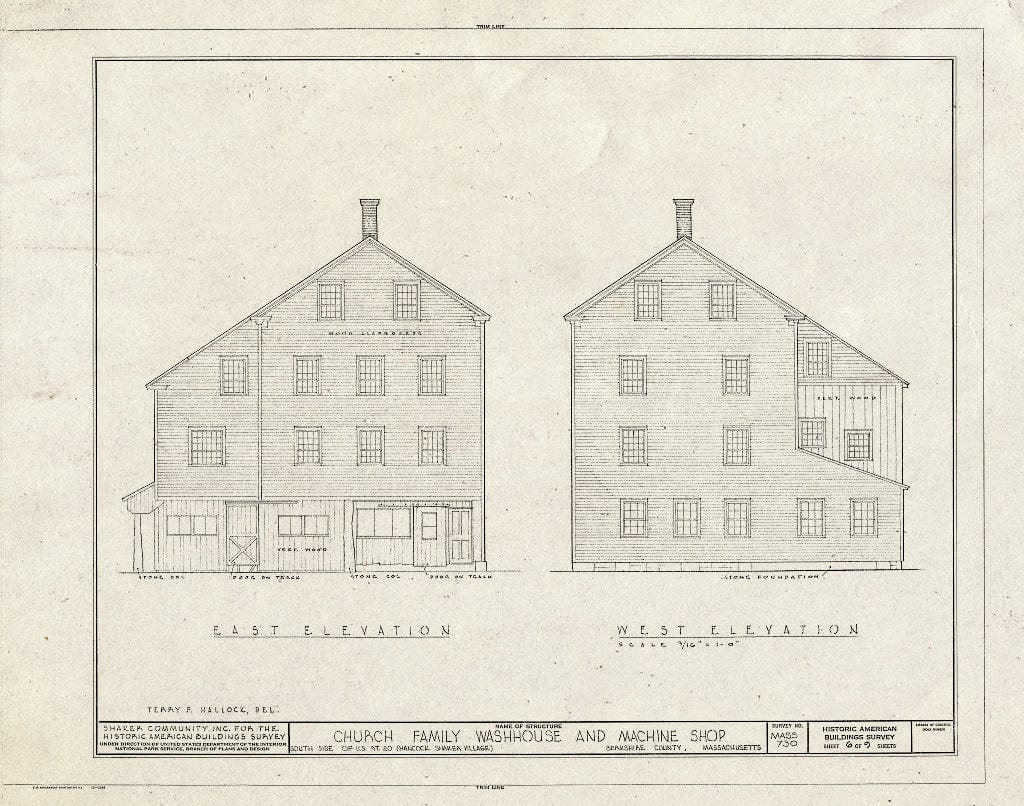 Blueprint 6. East and west elevations - Shaker Church Family Washhouse & Machine Shop, U.S. Route 20, Hancock, Berkshire County, MA