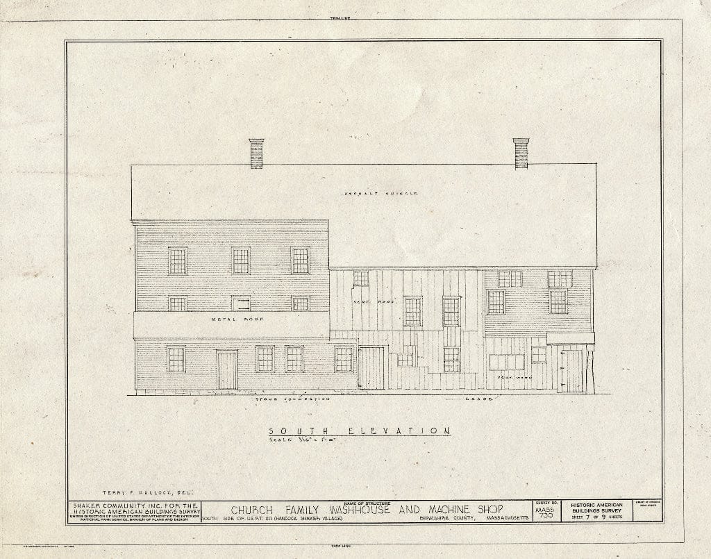 Blueprint 7. South Elevation - Shaker Church Family Washhouse & Machine Shop, U.S. Route 20, Hancock, Berkshire County, MA