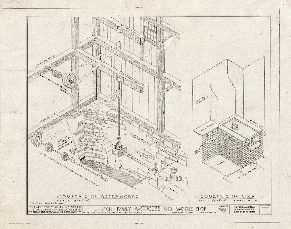 Blueprint 8. Isometric Views of Waterwork and Arch - Shaker Church Family Washhouse & Machine Shop, U.S. Route 20, Hancock, Berkshire County, MA