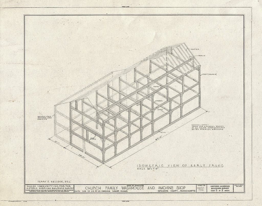 Blueprint 9. Isometric View of Early Frame - Shaker Church Family Washhouse & Machine Shop, U.S. Route 20, Hancock, Berkshire County, MA