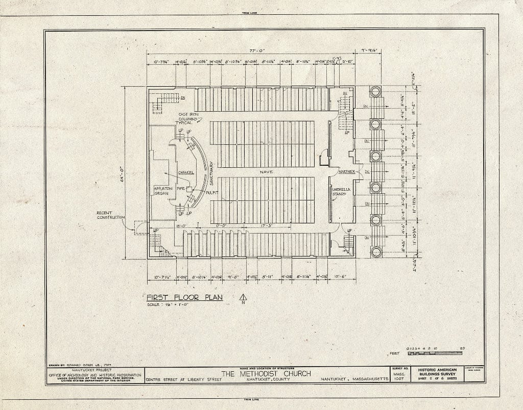 Blueprint First Floor Plan - Centre Street United Methodist Church, Centre & Main Streets, Nantucket, Nantucket County, MA