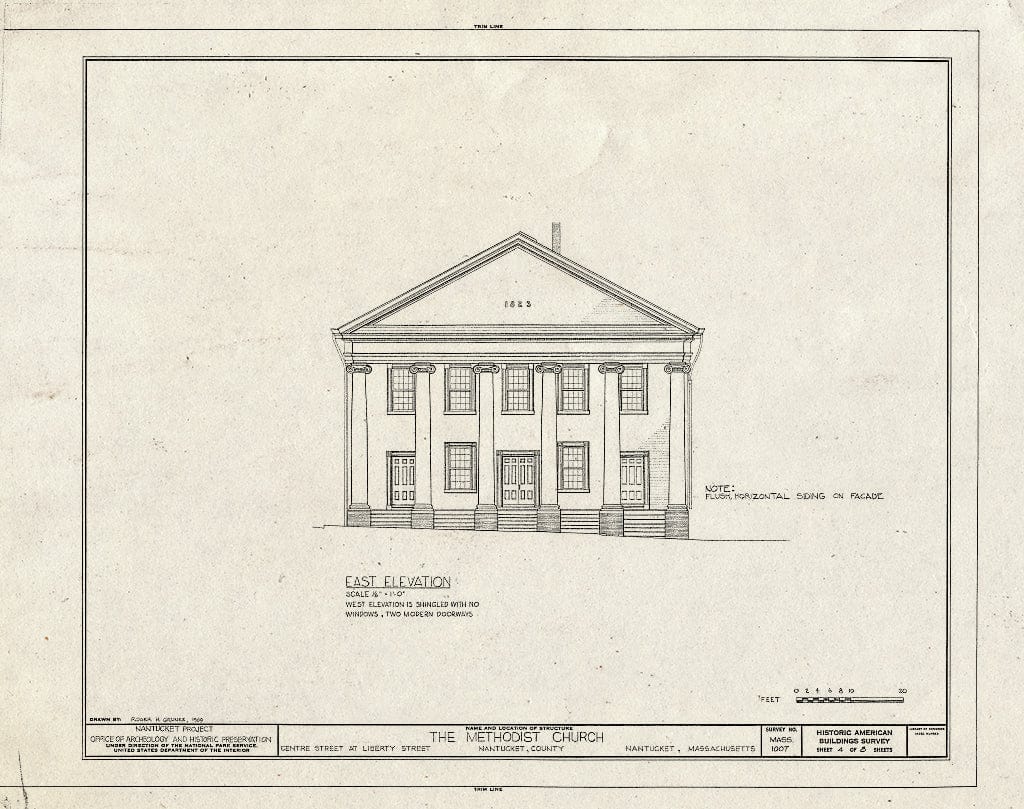 Blueprint East Elevation - Centre Street United Methodist Church, Centre & Main Streets, Nantucket, Nantucket County, MA