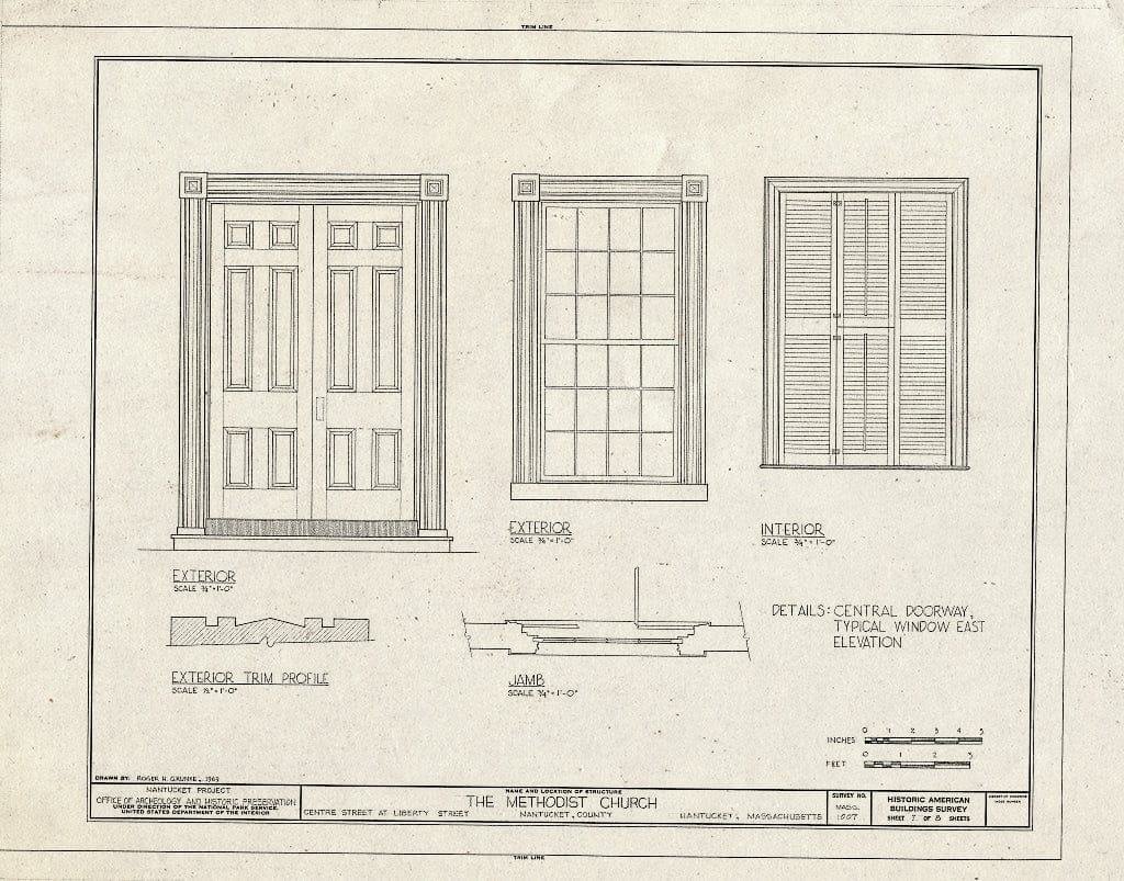 Blueprint Details: Central Doorway, Typical Window East Elevation - Centre Street United Methodist Church, Centre & Main Streets, Nantucket, Nantucket County, MA