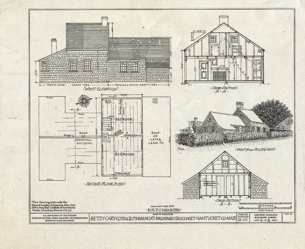 Blueprint 2. West Elevation, Second Floor Plan, Cross Sections A-A and B-B, Sketch - Shanunga, 10 Broadway (Moved from Original Location), Siasconset, Nantucket County, MA