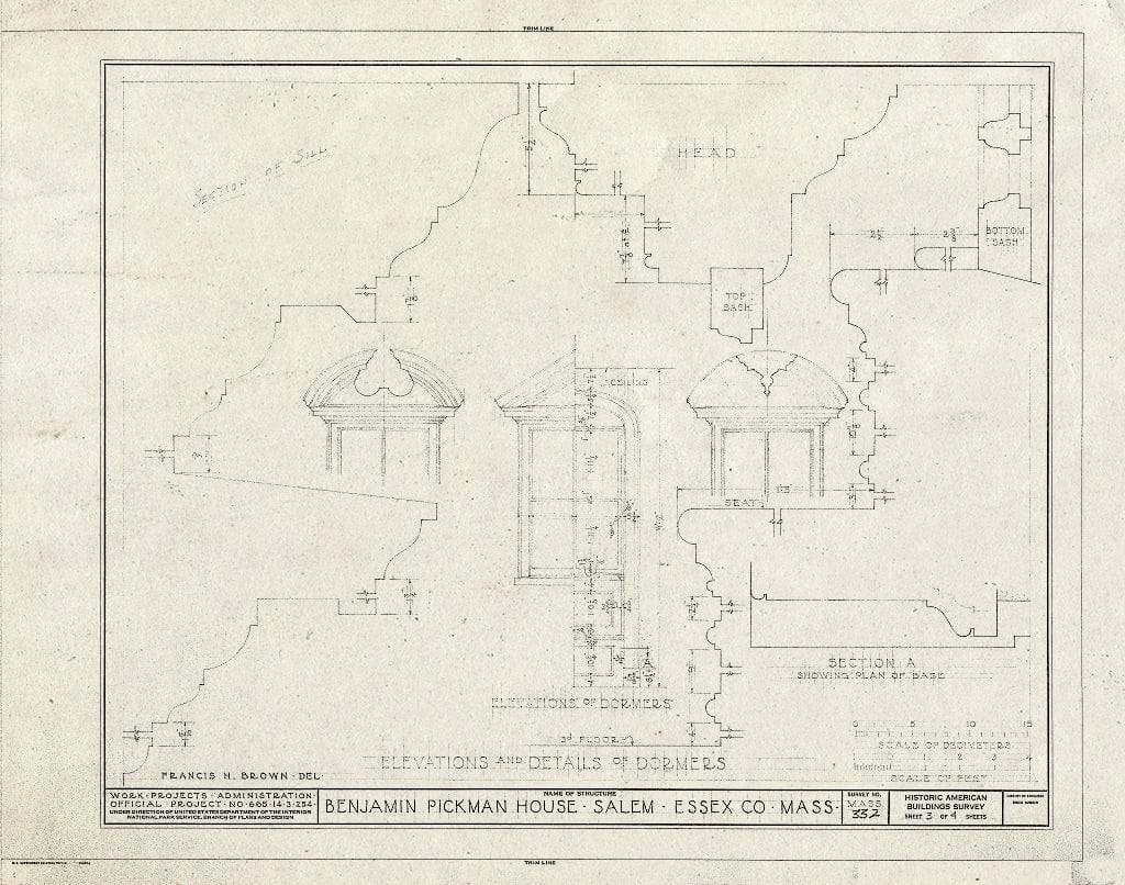 Blueprint Elevations and Details of Dormers - Benjamin Pickman House, 165 Essex Street, Salem, Essex County, MA