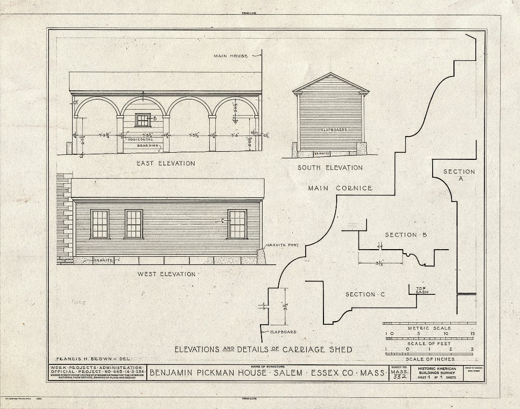 Blueprint Elevations and Details of Carriage Shed - Benjamin Pickman House, 165 Essex Street, Salem, Essex County, MA