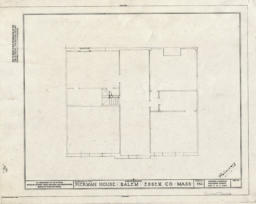 Blueprint Floor Plan - Benjamin Pickman House, 165 Essex Street, Salem, Essex County, MA