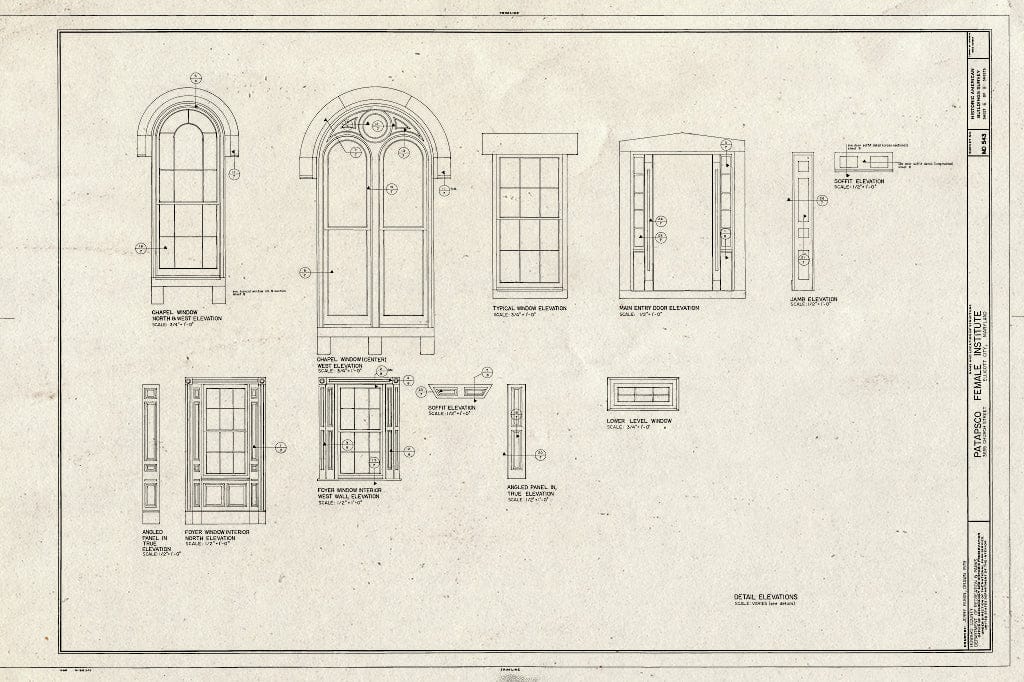 Blueprint Detail elevations (Doors, Windows) - Patapsco Female Institute, Church Road, Berg Alnwick, Ellicott City, Howard County, MD