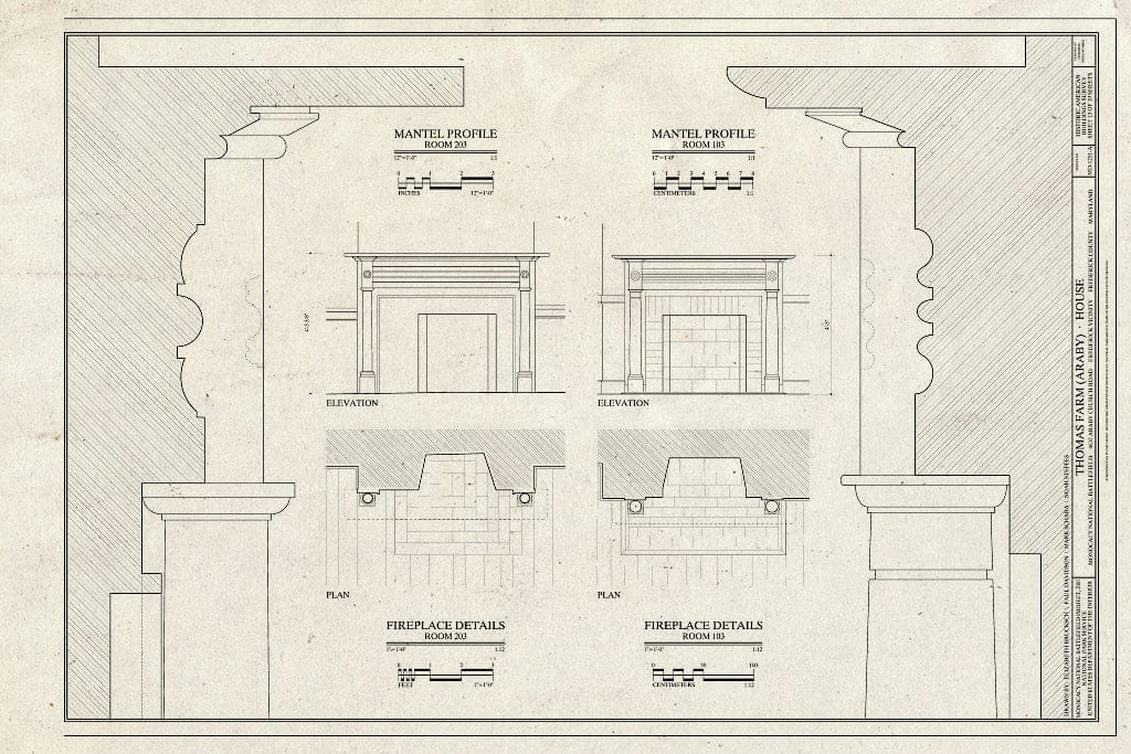 Blueprint Fireplace Details and Mantel Profiles - Thomas Farm, House, 4632 Araby Church Road, Frederick, Frederick County, MD