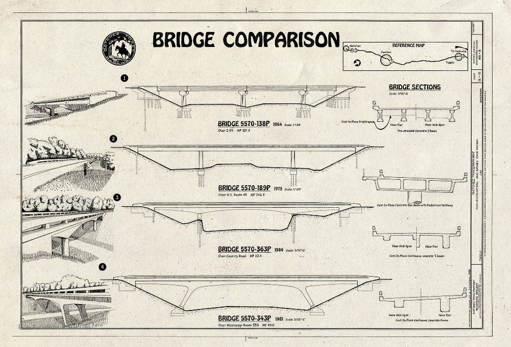 Blueprint Bridge Comparison - Natchez Trace Parkway, Located Between Natchez, MS & Nashville, TN, Tupelo, Lee County, MS