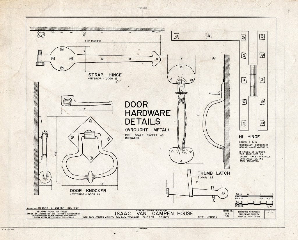 Blueprint 14. Door Hardware Details - Isaac Van Campen House, Old Mine Road, Wallpack Center, Sussex County, NJ