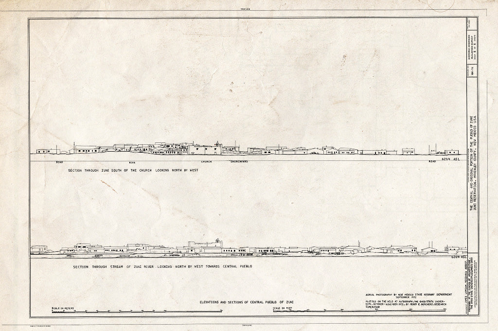 Blueprint Elevations and Sections - Pueblo of Zuni, Central & Original Portion, Vicinity of State Roads 32 & 53, Zuni Pueblo, McKinley County, NM