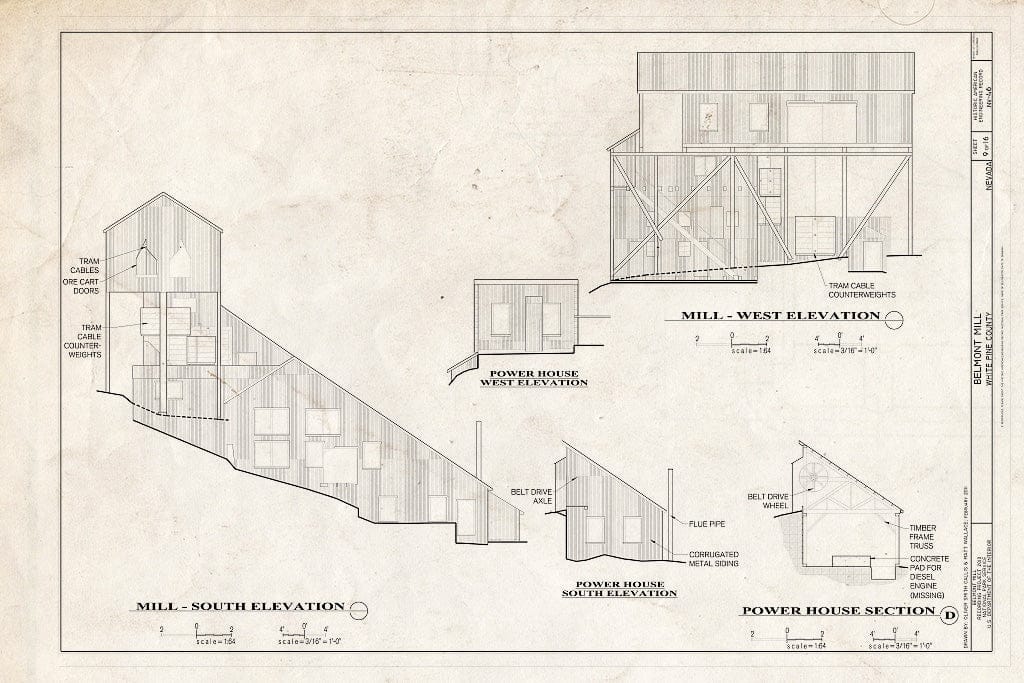 Blueprint Elevations of Mill & Power House - Belmont Mill, Approximately 7 Miles South of U.S. Route 50 on USDA Forest Service Road No. 623, Ely, White Pine County, NV